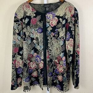 Vintage Black Floral Cardigan Plus Size 22W Beaded Tassels Whimsigoth Witchy